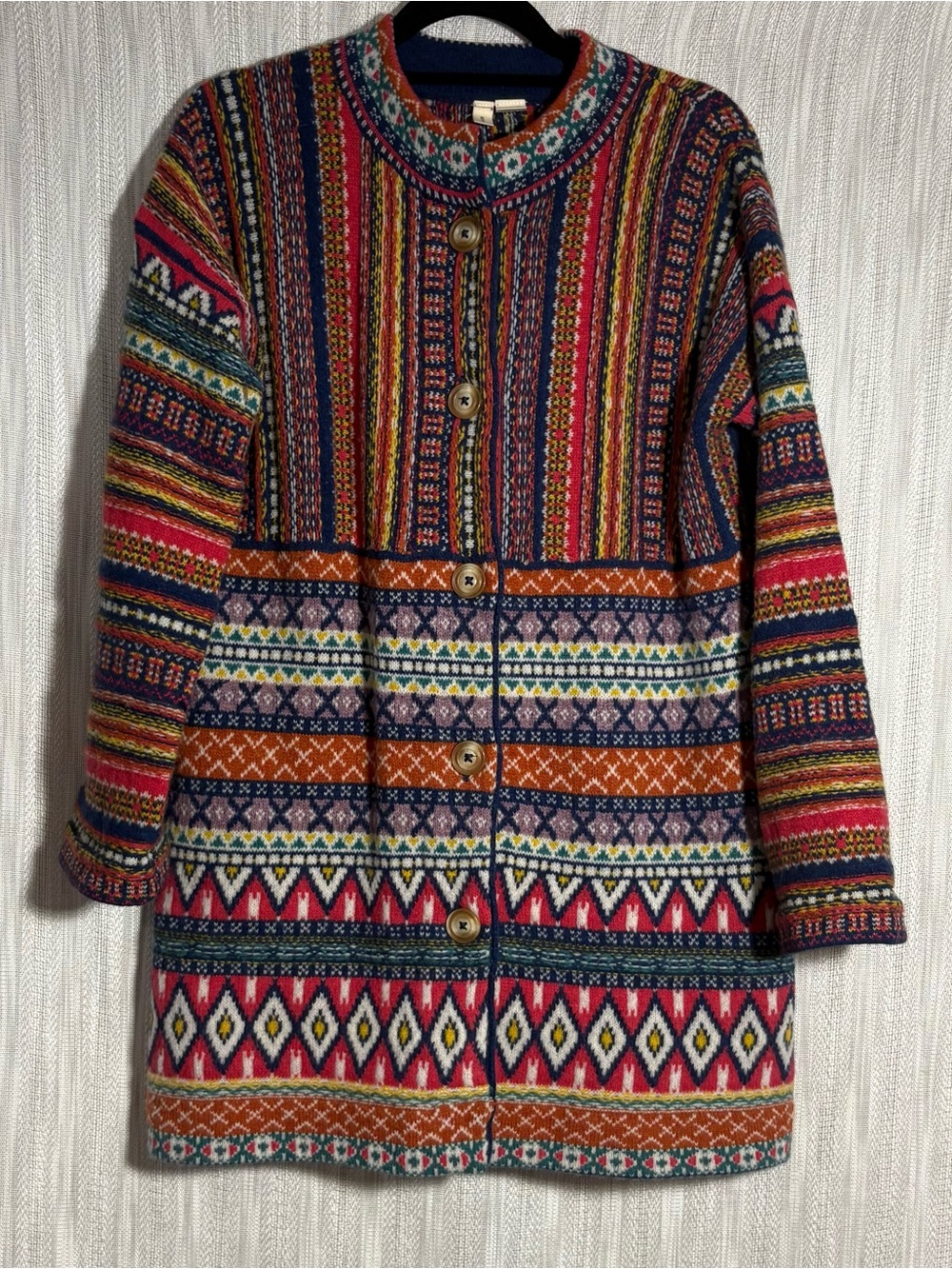Moth Multicolor Striped & Fair Isle Knit Coat - Navy, Red, Orange, Green, Pink